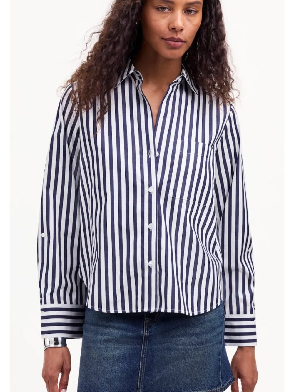 Madewell Easy Y-Neck Button-Up Shirt Striped Blue White Cotton-sz Large